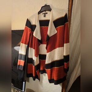 INC International Concepts Rust, Black & Cream Striped Open Cardigan